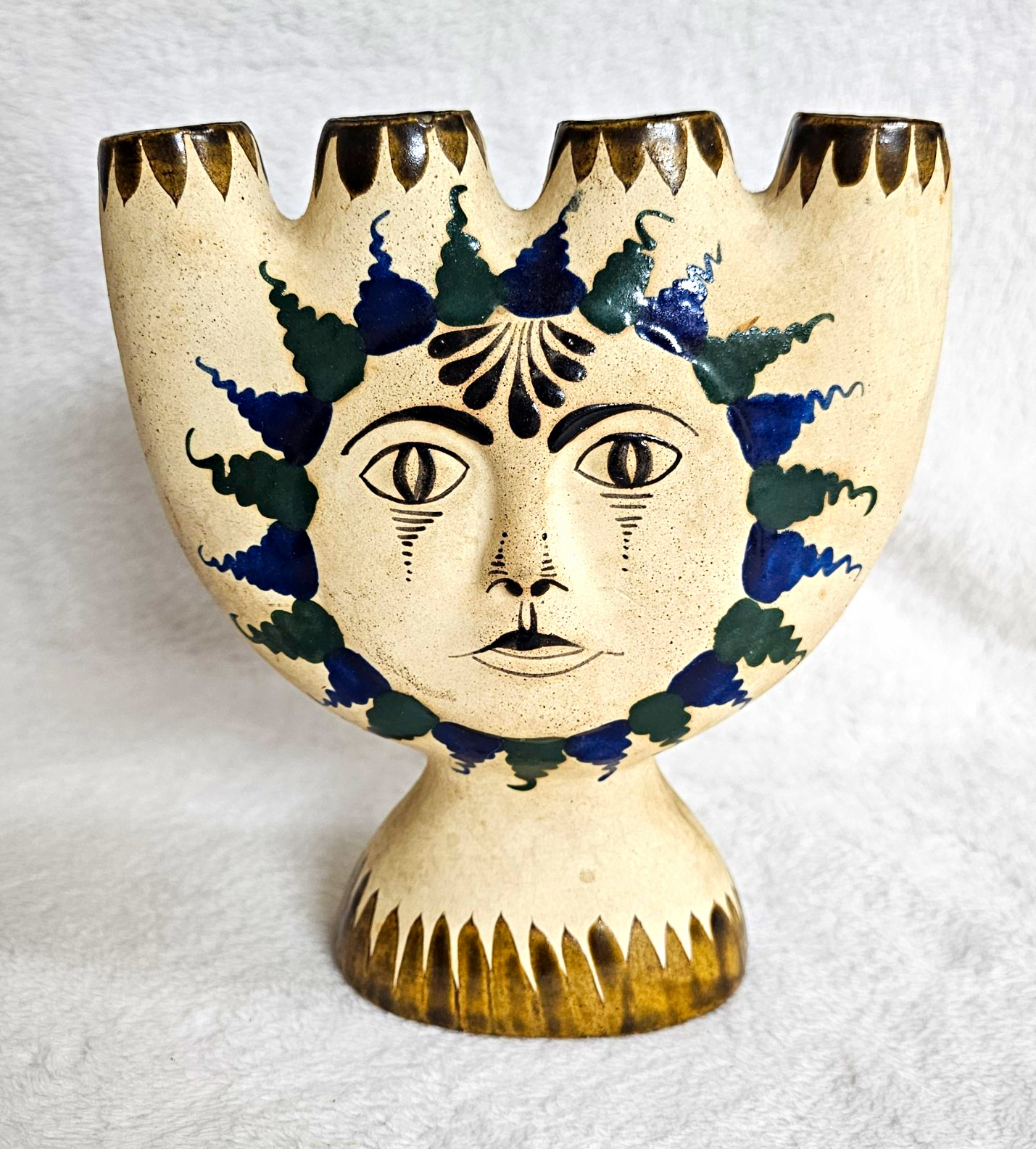 Vtg Tonala Mexico Sun Face Candelabra Ceramic Pottery 4 Candle Holder