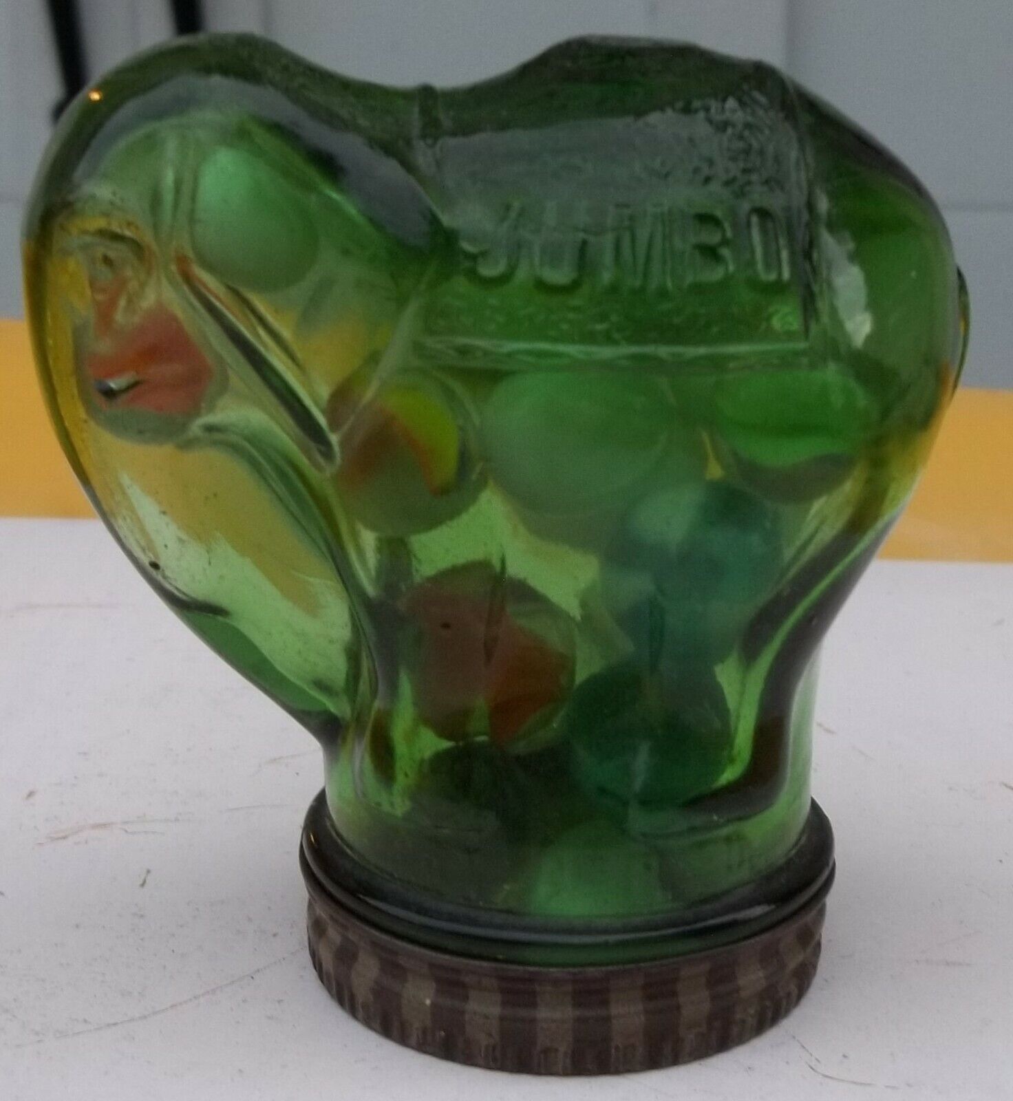 VTG Jar JUMBO PEANUT BUTTER Elephant Rare with Original Top Green Glass Spice FS