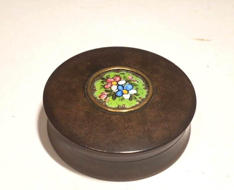Antique French Round Faux Tortoise Shell Box w Green Enamel Floral Inset