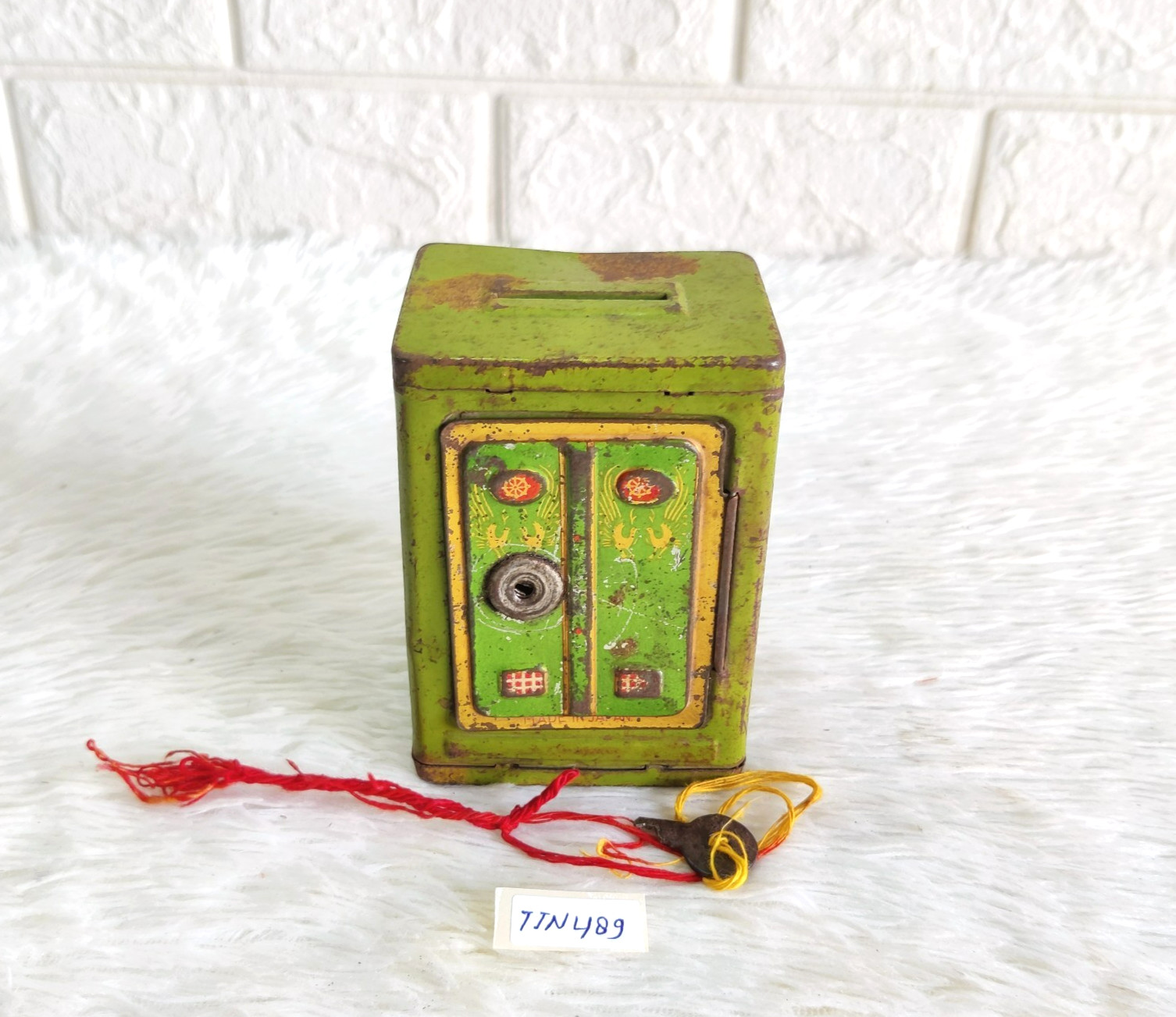 1930s Vintage Baby Bank Advertising Locker Shape Tin Coin Box Litho TIN489