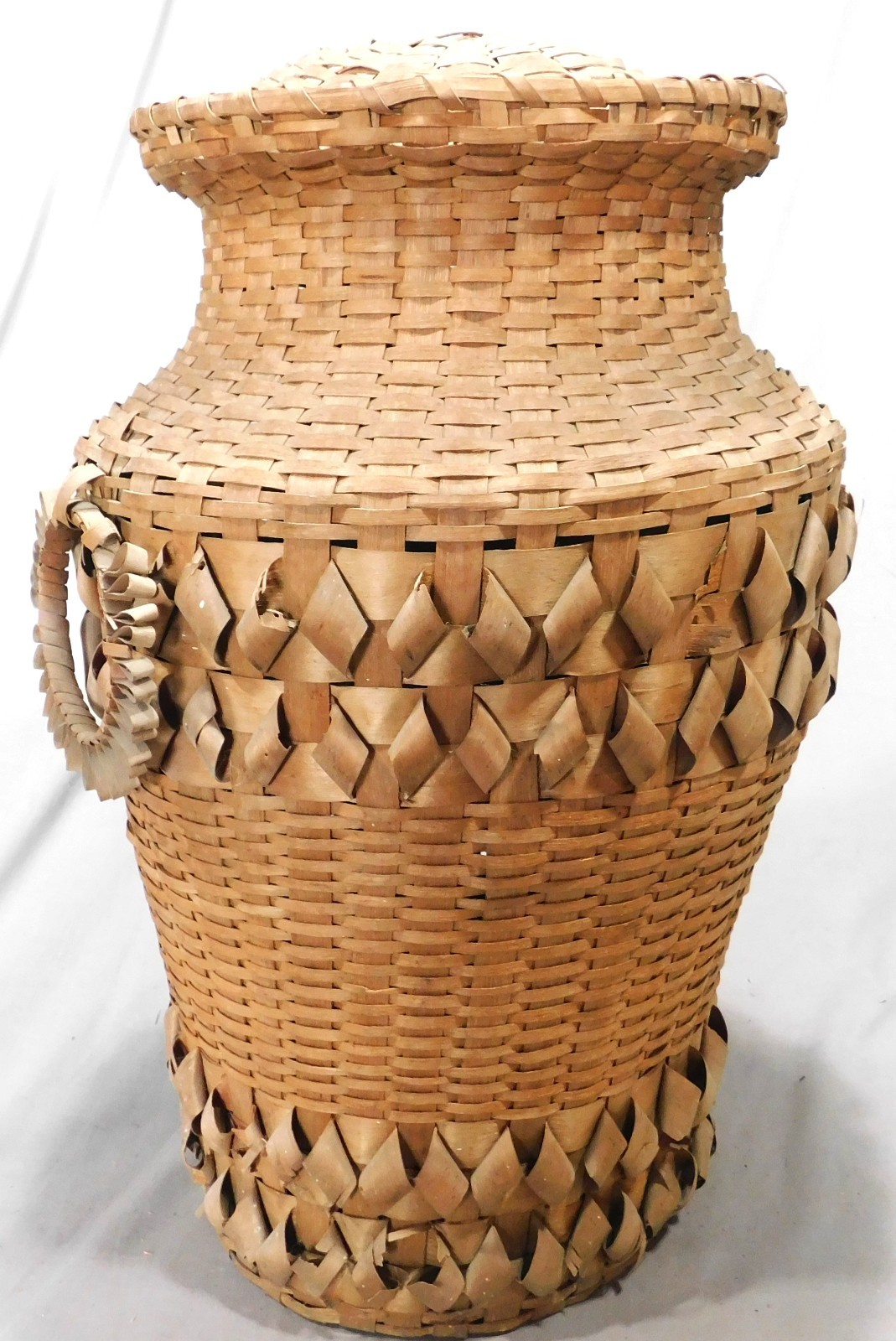 Antique Penobscot Wabanaki Ash Splint Lidded Basket Vase Maine c1900 Polychrome