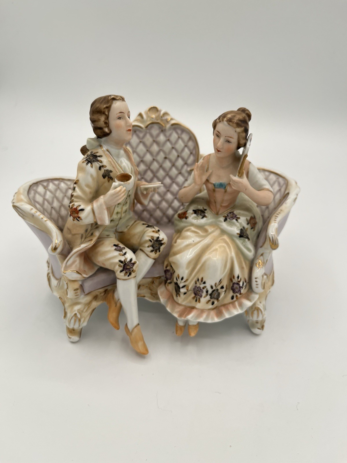 Vintage Dresden Porcelain Victorian Figurine Courting Couple Having Tea Time