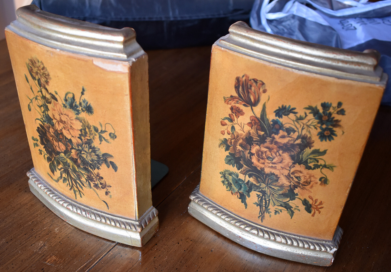 Vintage Borghese Italian Floral Gilt antique bookends flowers print NEW INFO