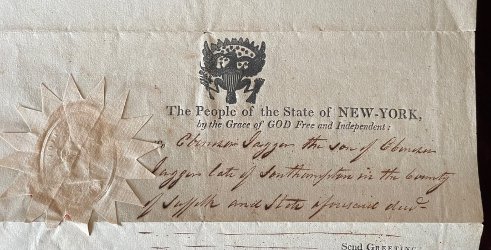 1817 SOUTHAMPTON LONG ISLAND NY DOCUMENT EBENEZER JAGGER EAGLE FREE THE HAMPTONS