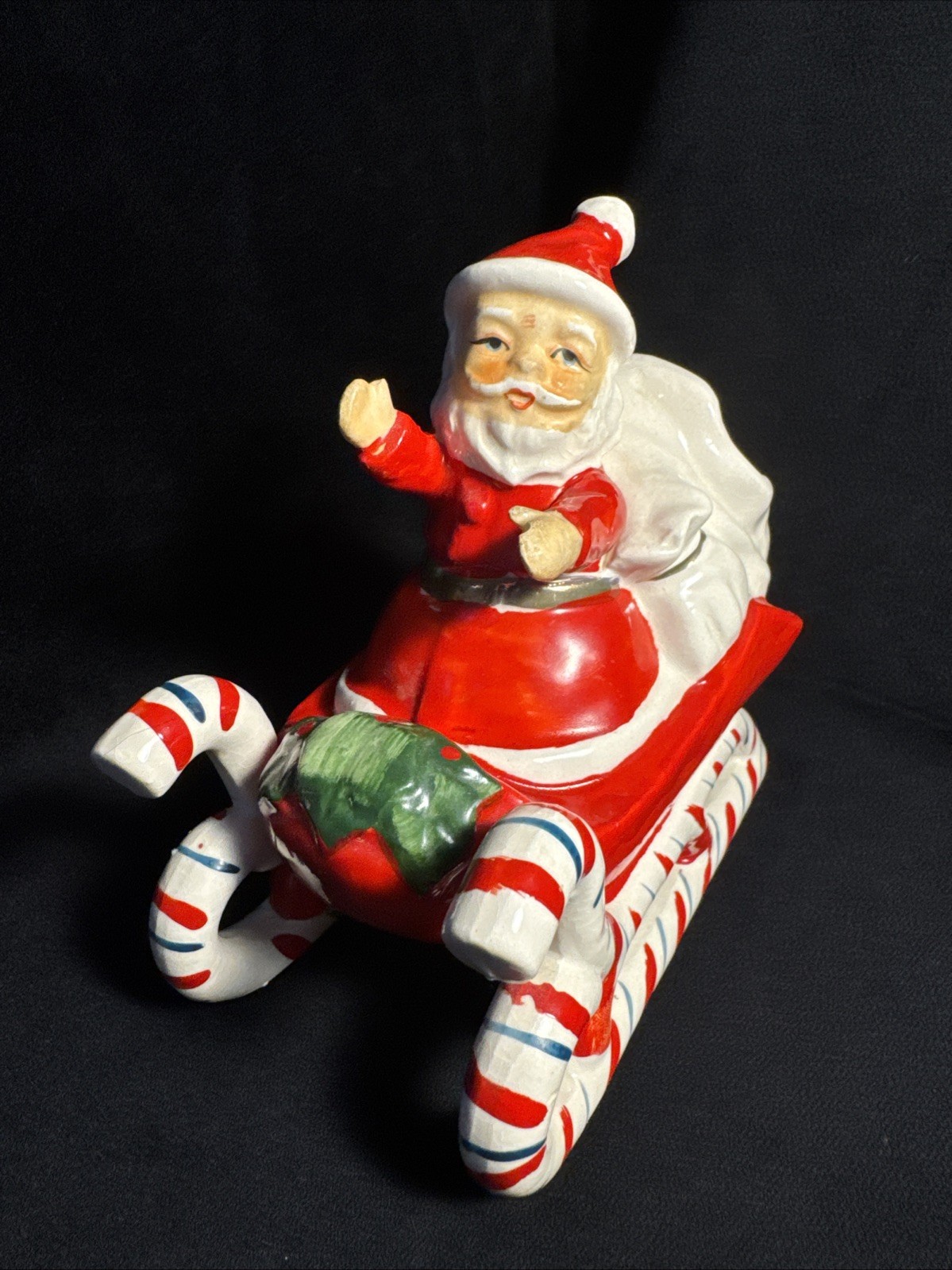 Vintage Lefton Santa in Candy Cane Sleigh MCM Christmas Figurine
