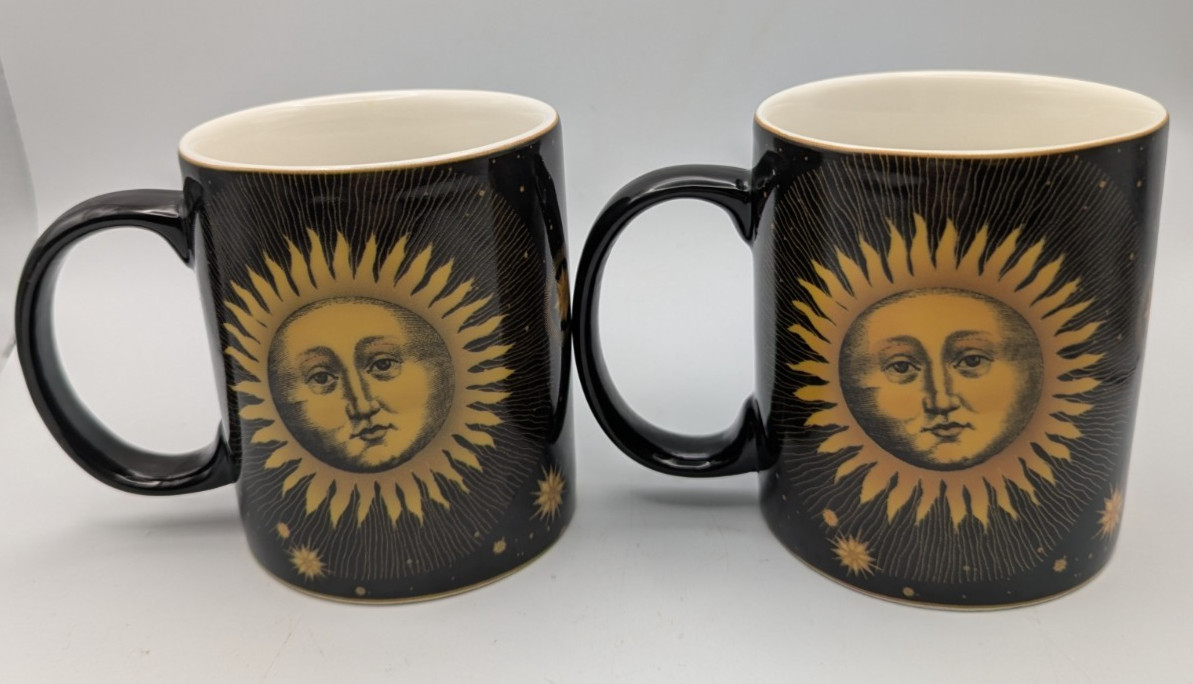 Vtg Cypress Home Set of 2 Celestial Mugs Gold Sun Moon Stars 90s Whimsical