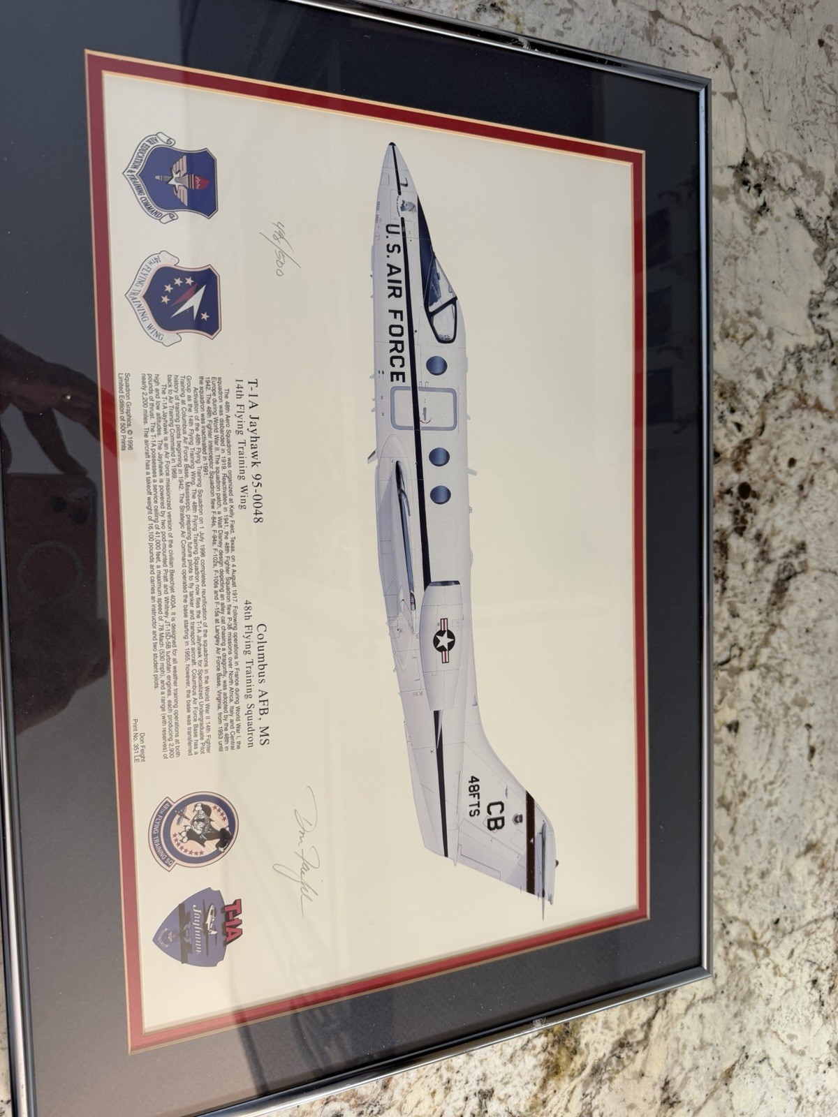 Vintage Framed US Air Force 48th Flying Training Squadron T-1A Jayhawk 498/500 Vintage Framed US Air Force 48th Flying Training Squadron T-1A Jayhawk 498/500