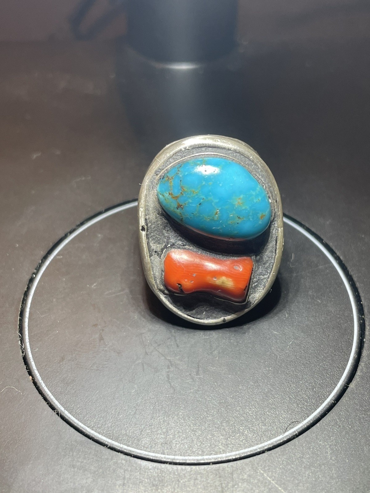 Vintage Navajo Heavy Shadowbox Ring Sterling Silver 24.8g Turquoise Coral AS-IS