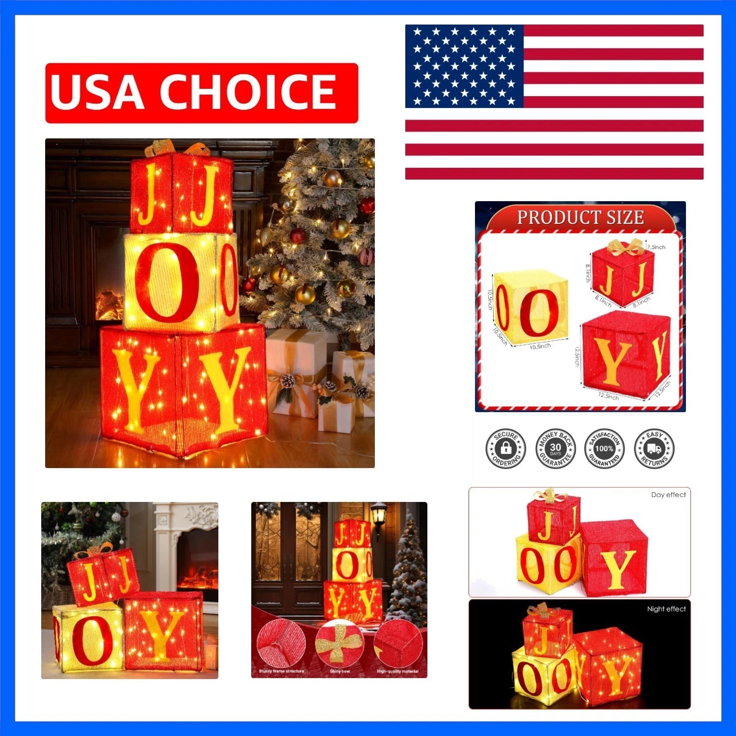 3 Sets Extra Large Christmas Lighted Gift Boxes 8.1'' 10.5'' 12.5'' Joy Prese...