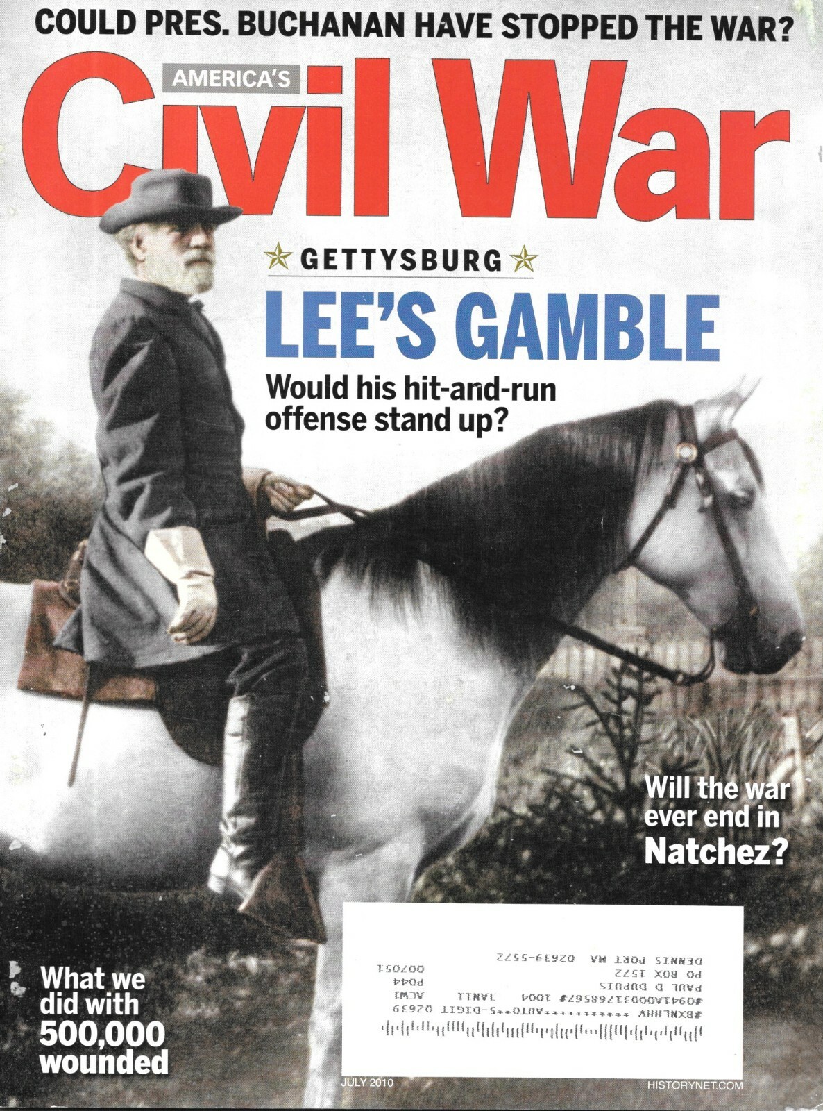 America\'s Civil War July 2010 Gettysburg Robert E Lee Natchez Wounded Buchanan