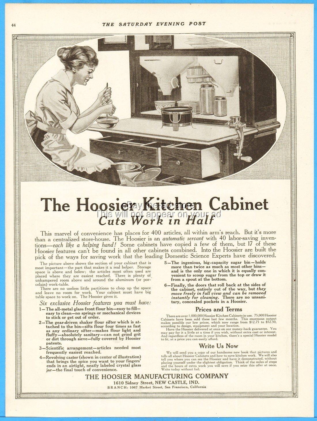 1916 Hoosier Kitchen Cabinet Hutch Ephemera New Castle Indiana Vintage Print Ad