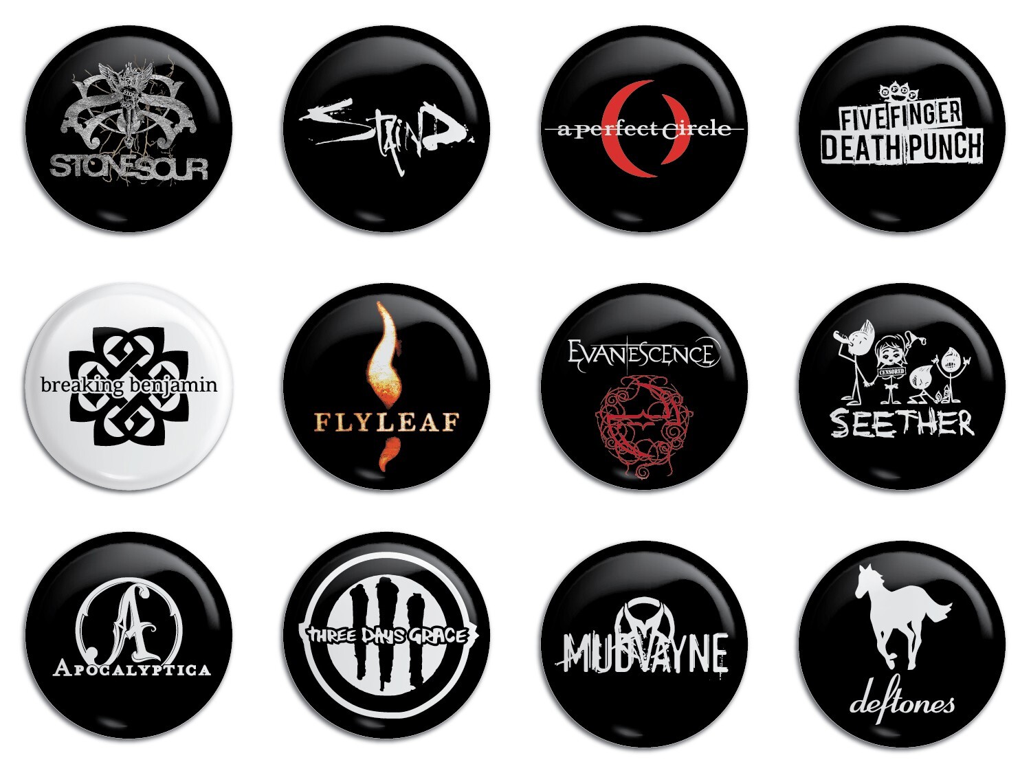 Nu Metal Rock Bands Buttons/Pinbacks Pack 1 Evanescence Staind Seether Deftones