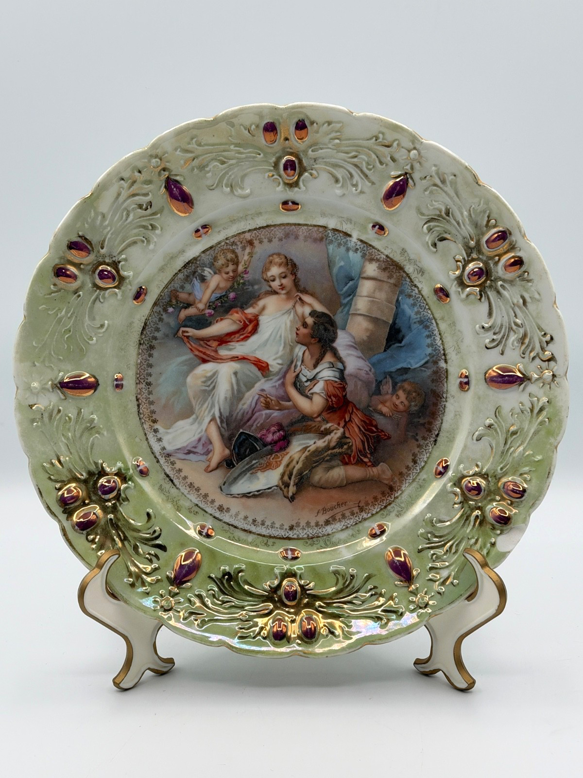 Vintage Oscar Schlegelmilch St Kilian Boucher Porcelain Plate Green Gold 9.25