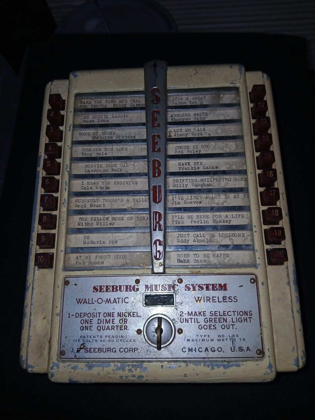 Vintage 1946-1948 Seeburg Wireless- Wall-o-matic jukebox Selector W6-L56