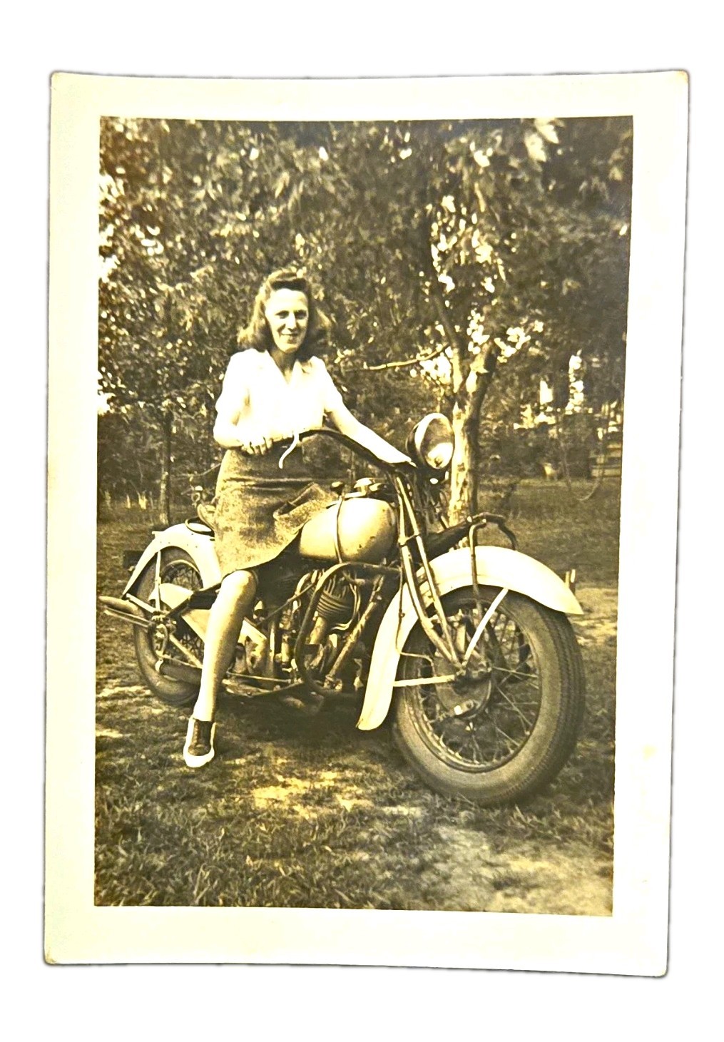 Vintage 1940s Photograph Beautiful Woman Riding Antique  Motorcycle B&W