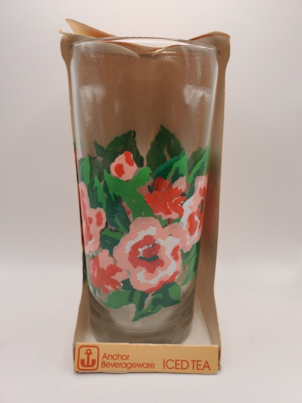 Vintage 16oz Anchor Hocking Beverageware Iced Tea Glass Tumbler Red Flowers NEW