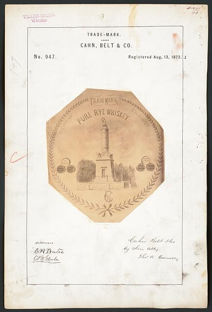 Photo:Cahn Belt Co Rye Whiskey Trademark 1872 Trade Mark Label