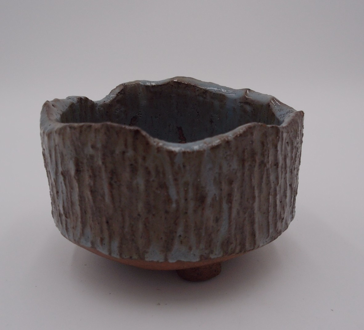 Vintage Art Studio Pottery Woodgrain Blue Ceramic Glazed Trinket Dish Planter 4