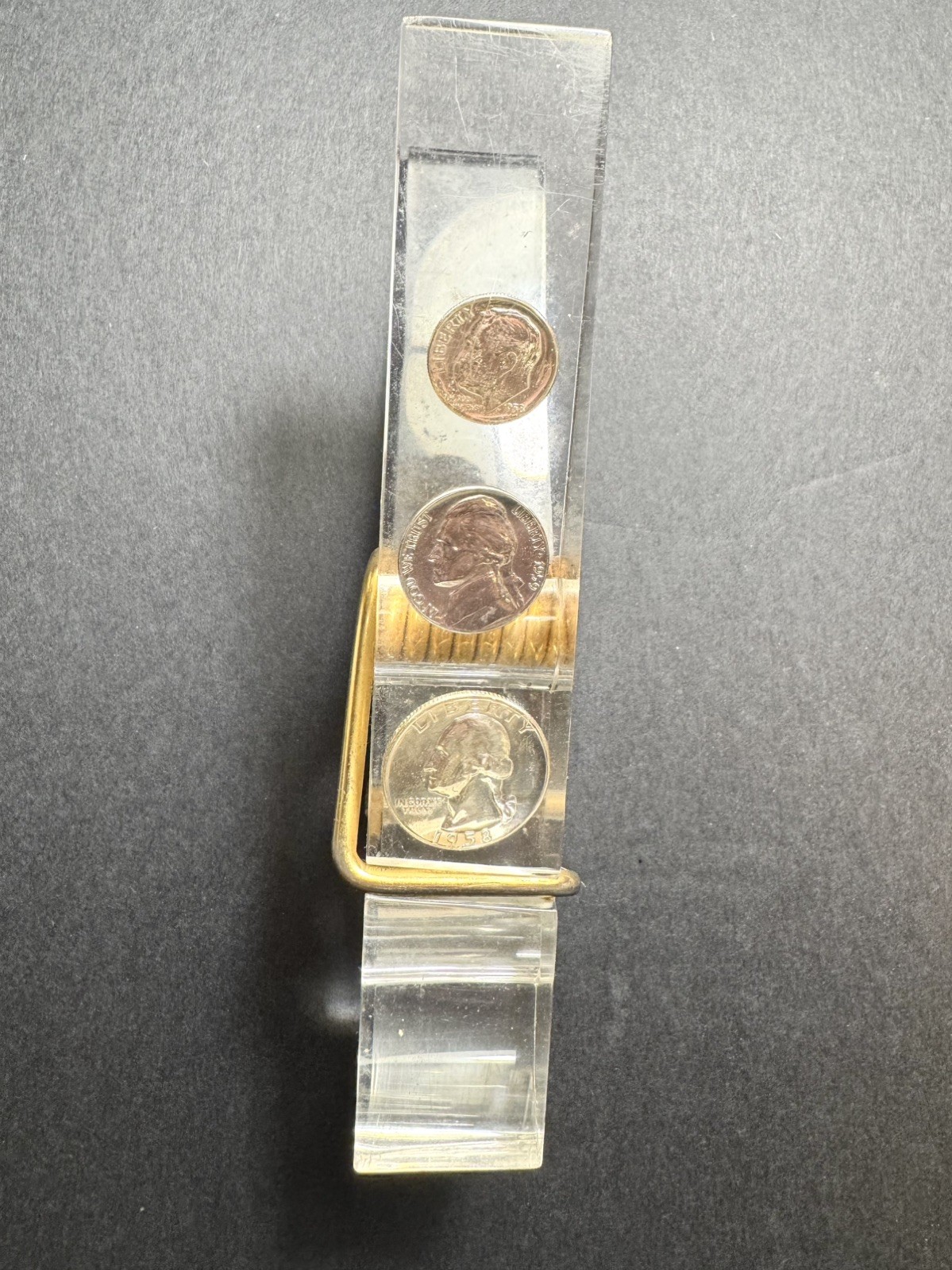 Vintage Clear Acrylic Lucite w Coins Clothespin Retro Style  Desk Paper Clip
