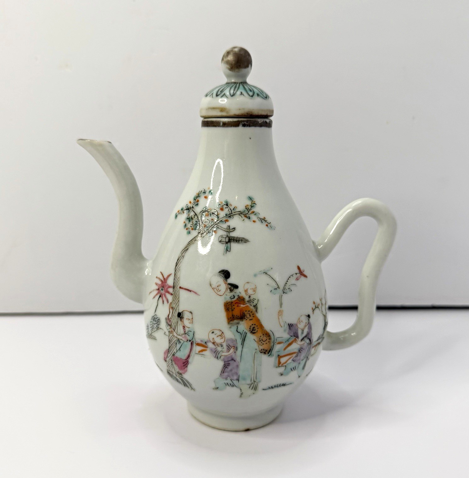 Antique Chinese Figural Scene Famille Rose Marked Porcelain Teapot Qing Period