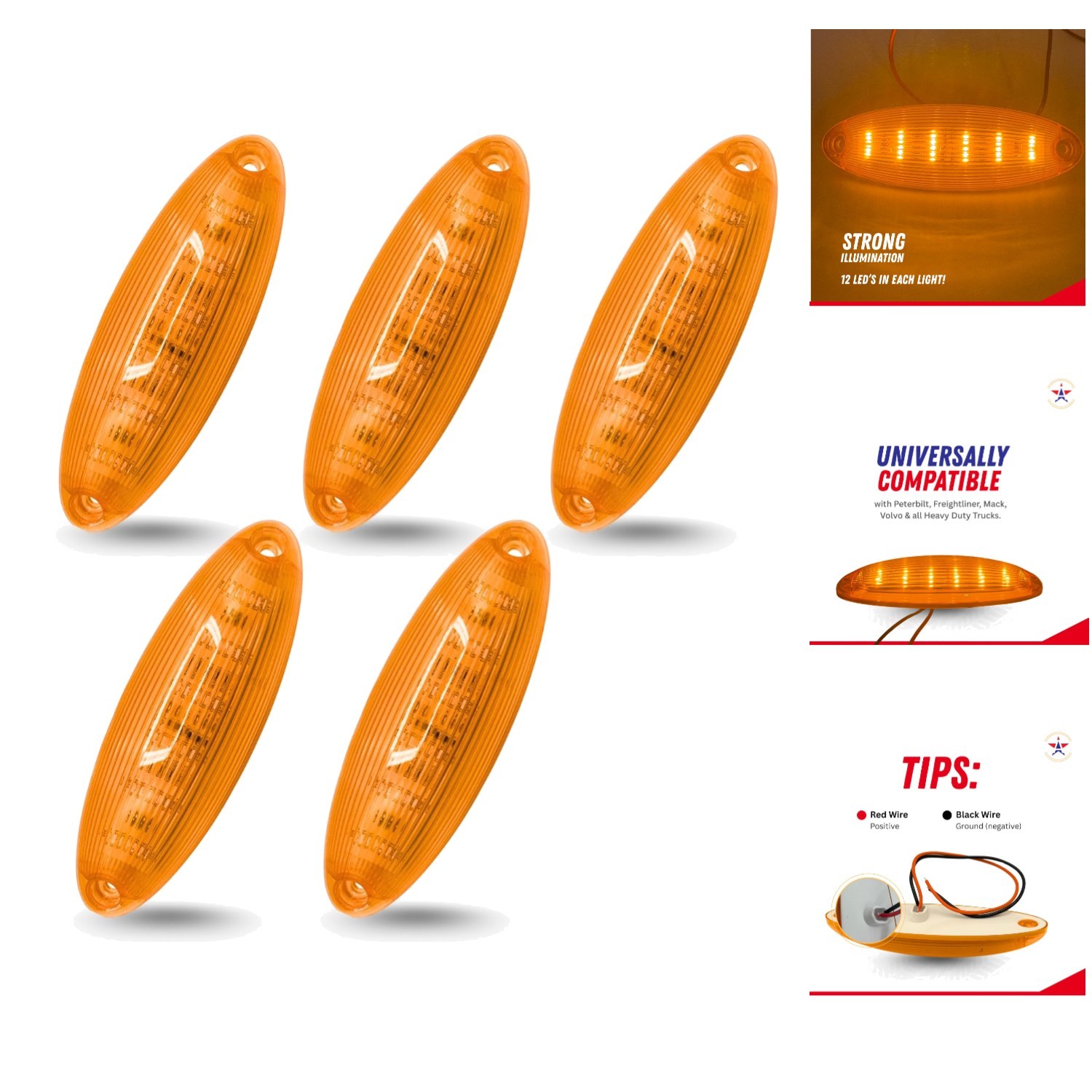 5PCS Cab Marker Lights LED Roof Lamps Amber Lens Assembly Fit for International
