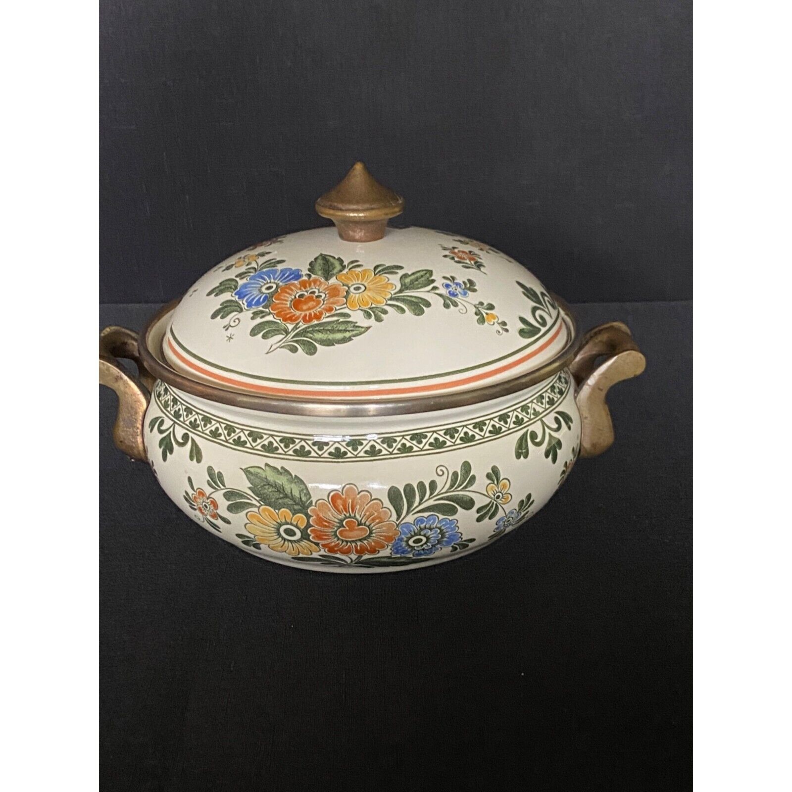 Vintage ASTA Enamelware 2 Quart Casserole Pot w/ Lid Floral Dutch Oven Germany