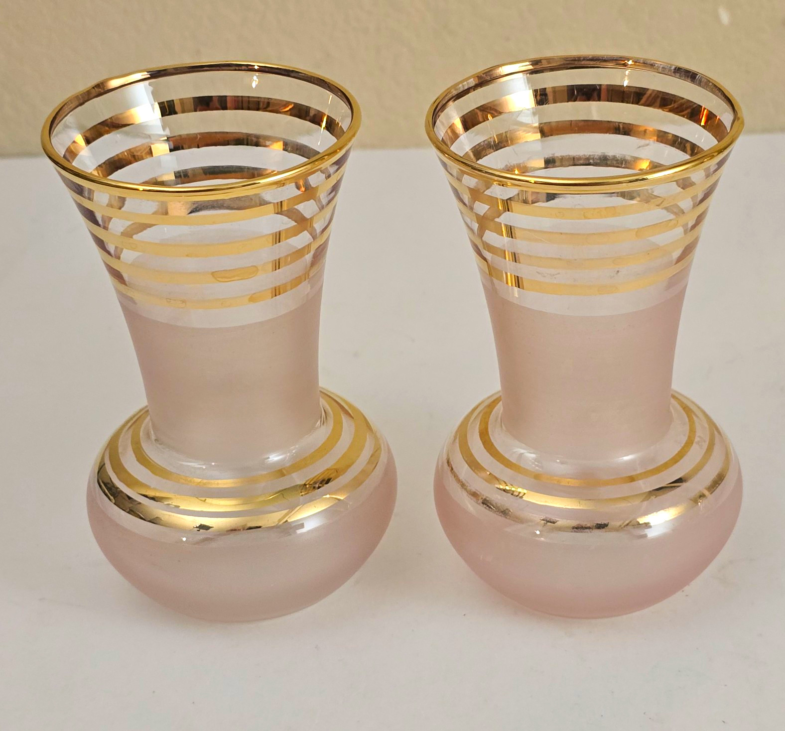 Set of 2 Frosted Pink Glass Bud Vases Gold Striped Rim Vintage Hand Painted Set of 2 Frosted Pink Glass Bud Vases Gold Striped Rim Vintage Hand Painted