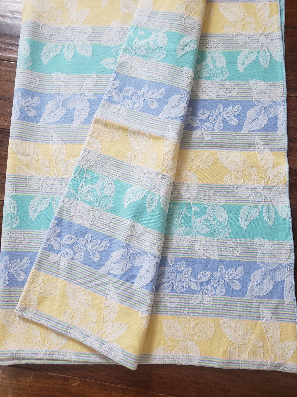 Vintage French Country Jacquard Woven Damask Tablecloth Pastal Floral Striped