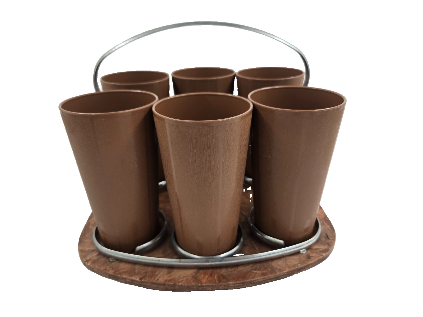 Vintage MCM Chrome & Wood Caddy Set of 6 Tumblers Mid Century Modern KITCHEN