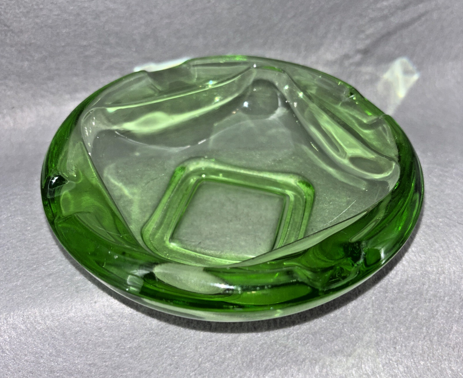 Vintage Green Depression Glass Ashtray Retro Round And Square Design Base EUC