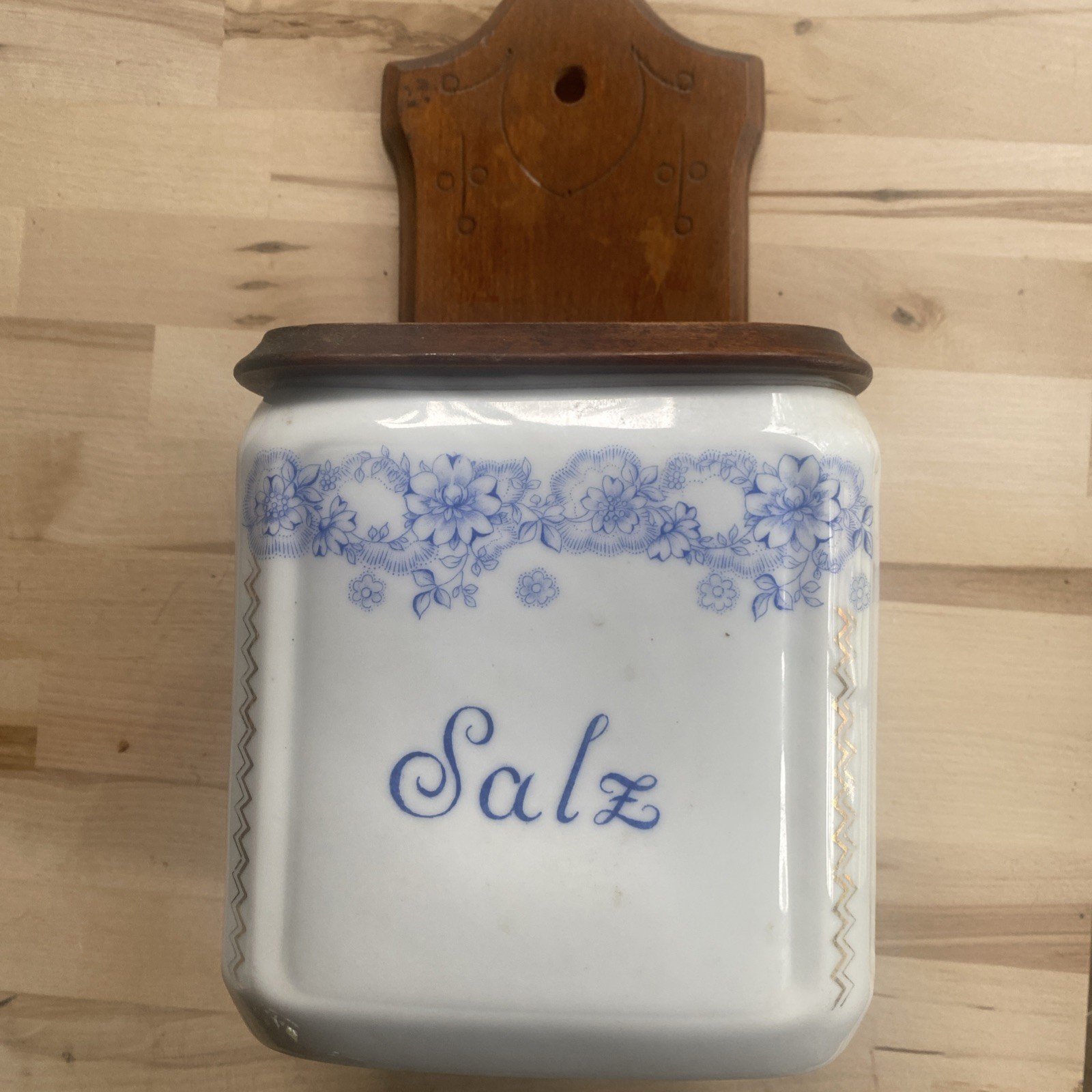 Vintage  Beyer & Bock - Ceramic Wall Mount Kitchen Salt Box Container With Lid