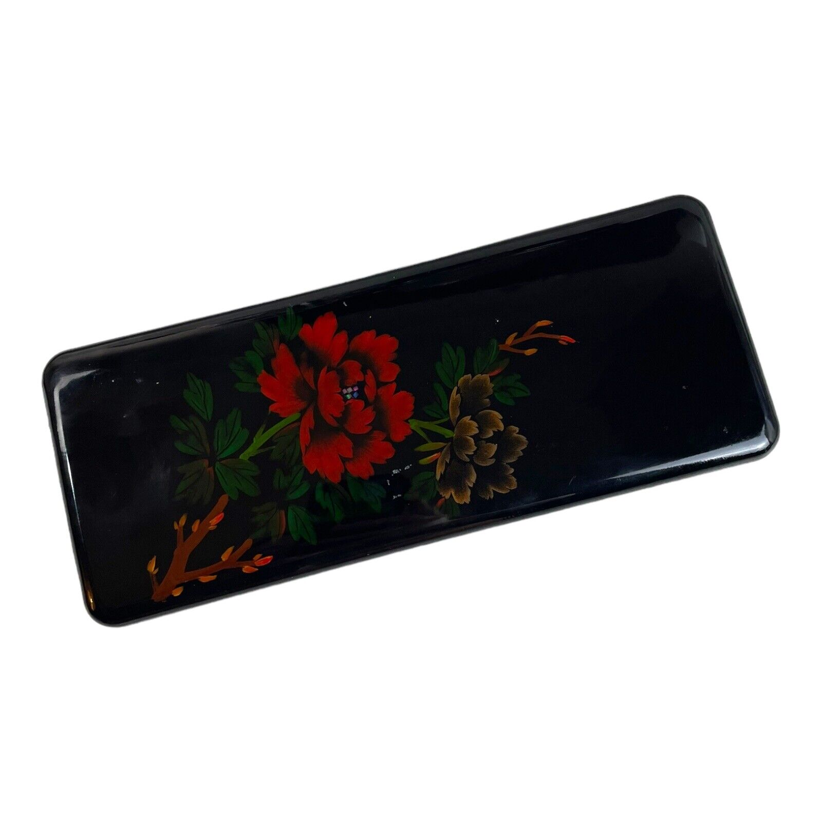 VTG Rectangular Black Lacquer Trinket Box Jewelry Makeup Red Flower Plastic
