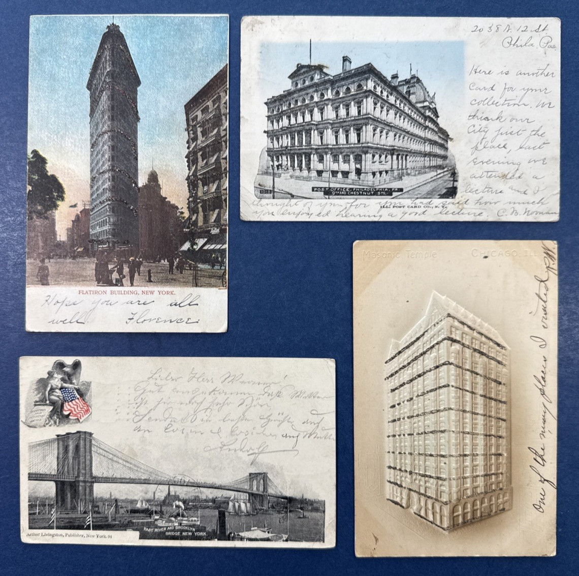 4 USA Views Antique Postcards. 3 Glitter. 1902-1906. NYC, PA, Chicago.HISTORICAL