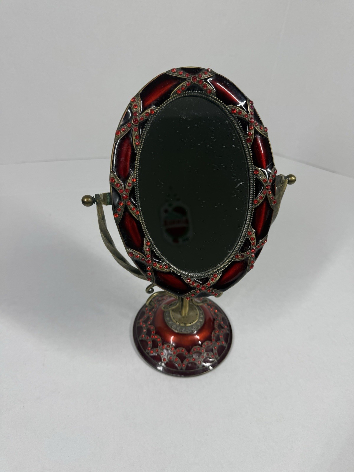 Vintage retro desktop tabletop brass makeup mirror red rhinestone and enamel