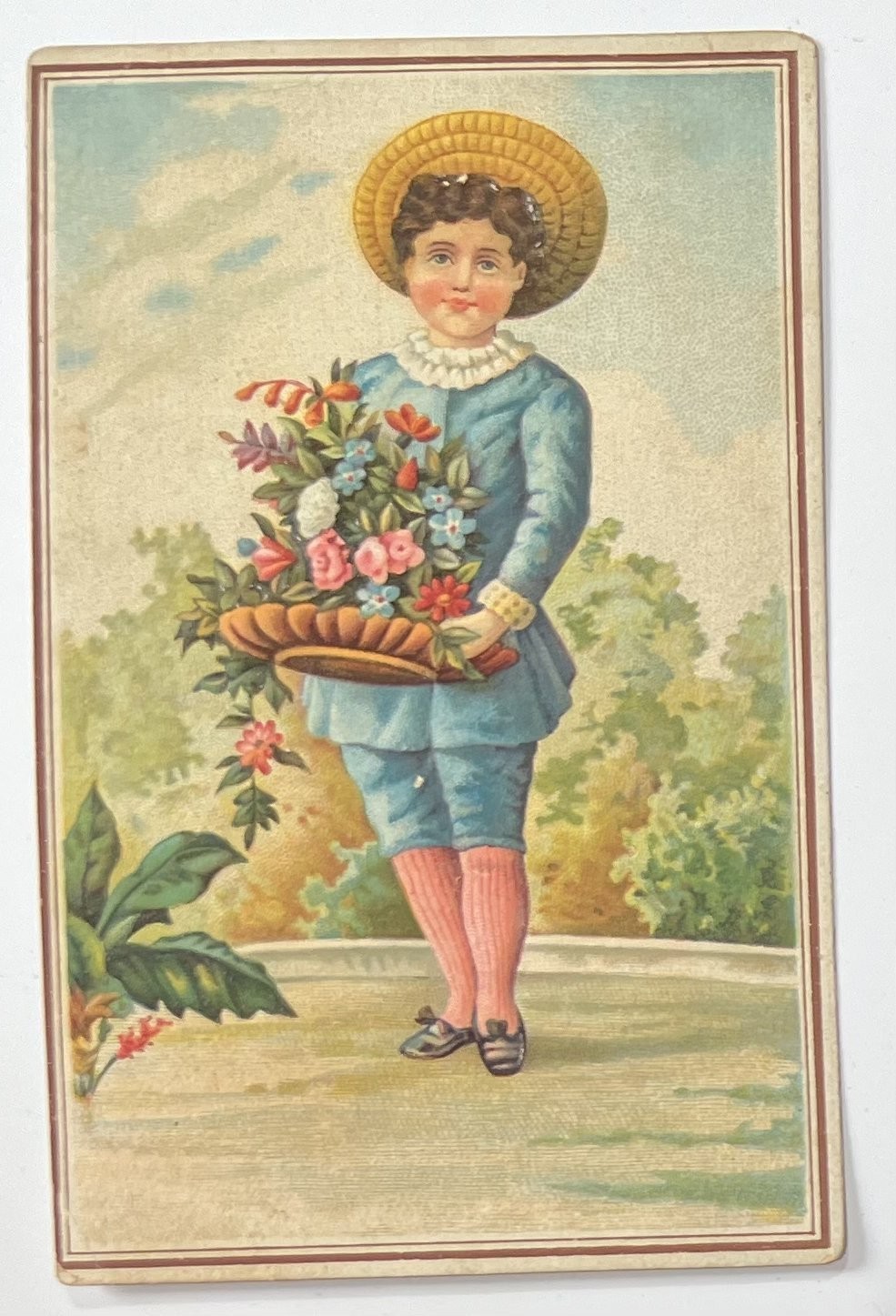 c1880s-90s Vintage Victorian Chromolithograph Card~Fancy Boy with Large Bouquet