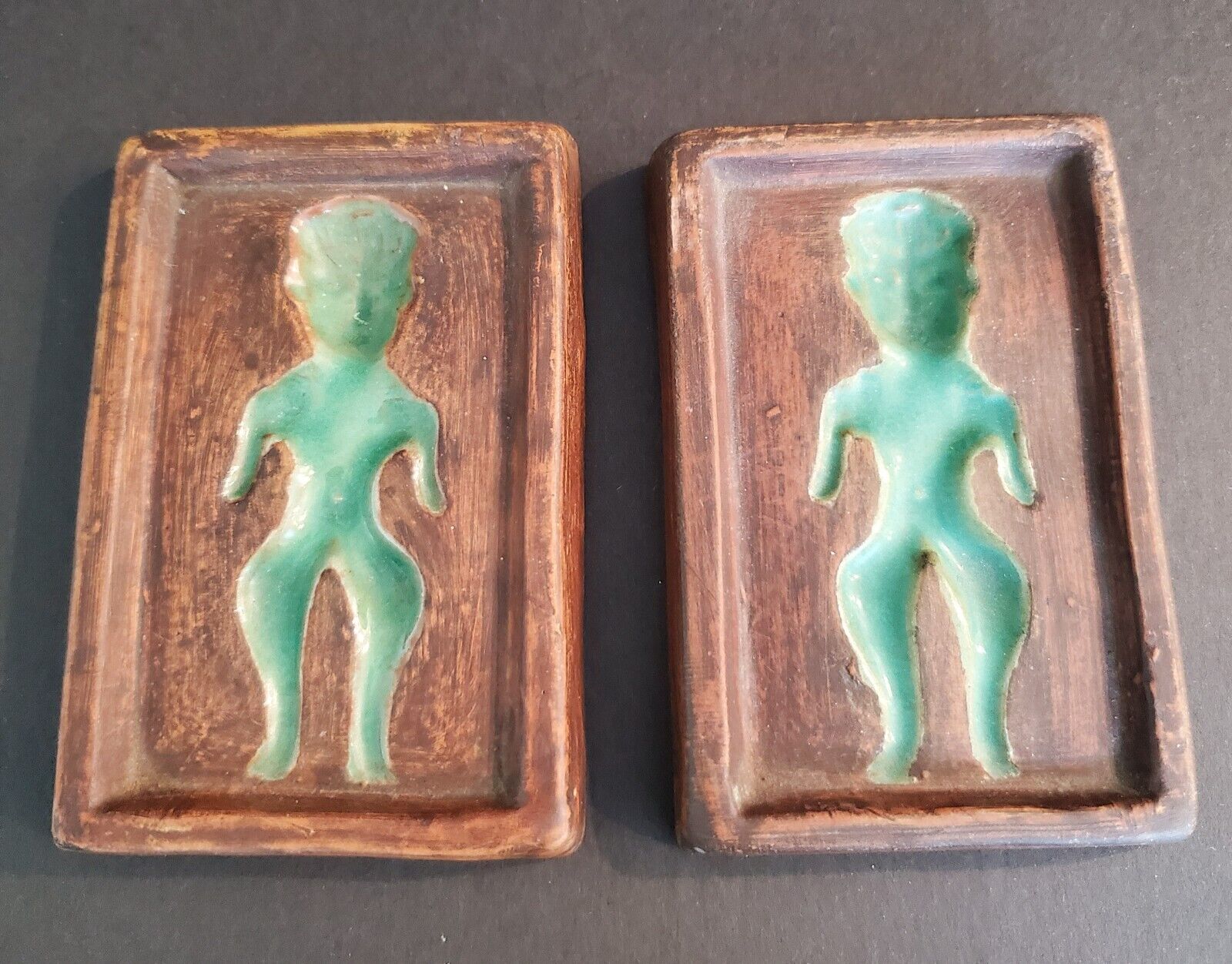 Two (2) Handmade Texcoco Aztec Pottery Rectangle Trays with green man silhouette