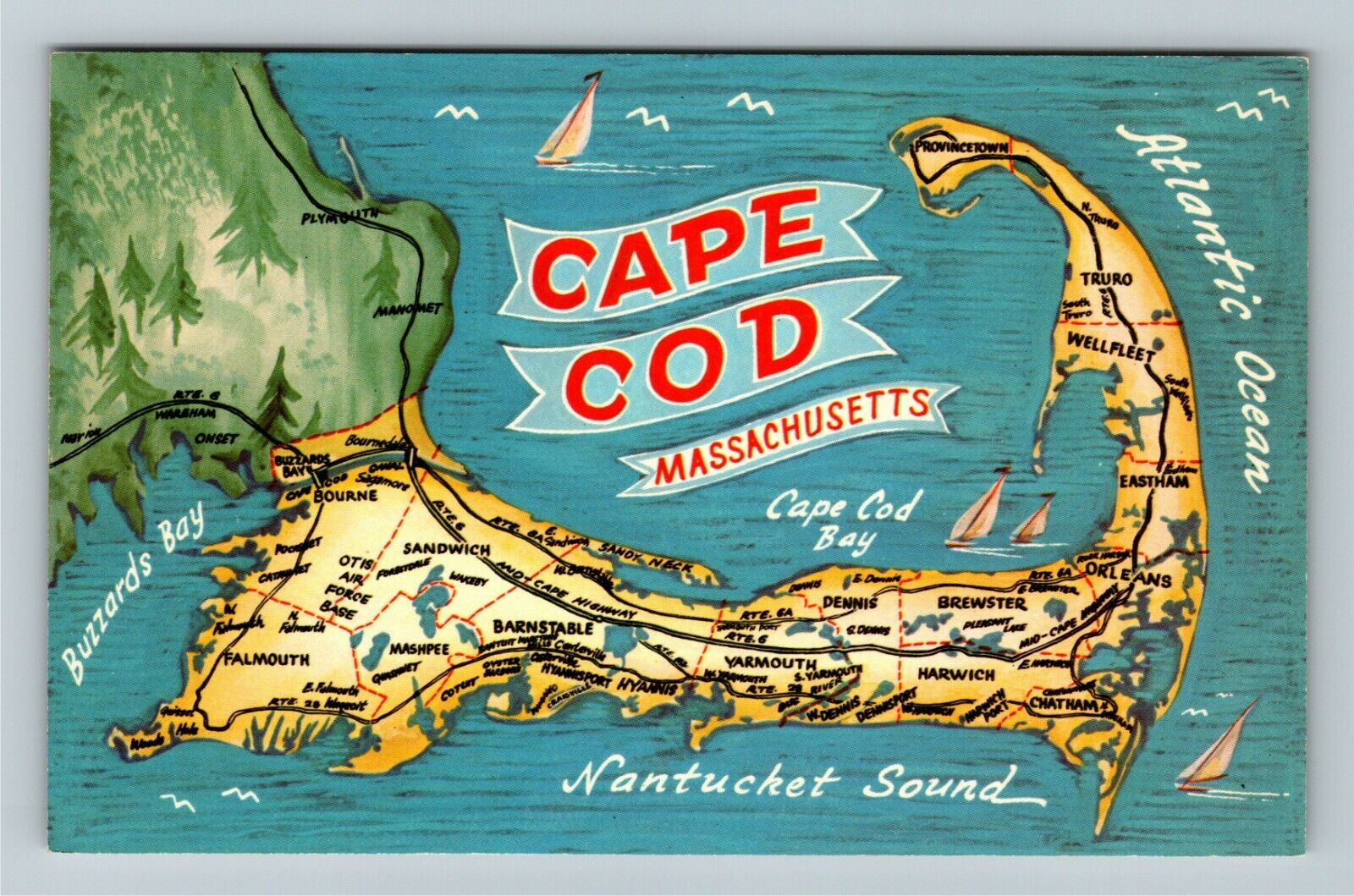 Cape Cod MA-Massachusetts, General Greeting, Road Map, Ocean, Vintage Postcard