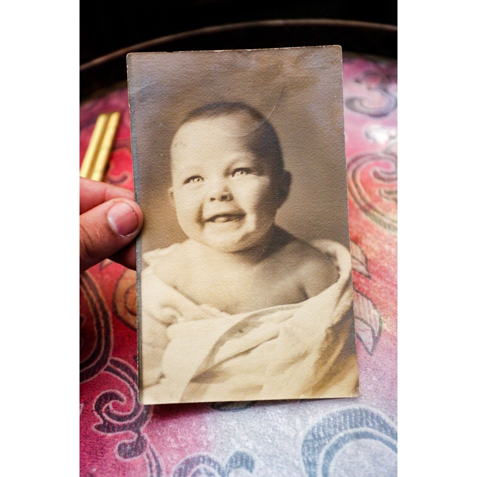 Beautiful Cute Super Happy Smiling Baby Wrapped In Blanket Antique Photo