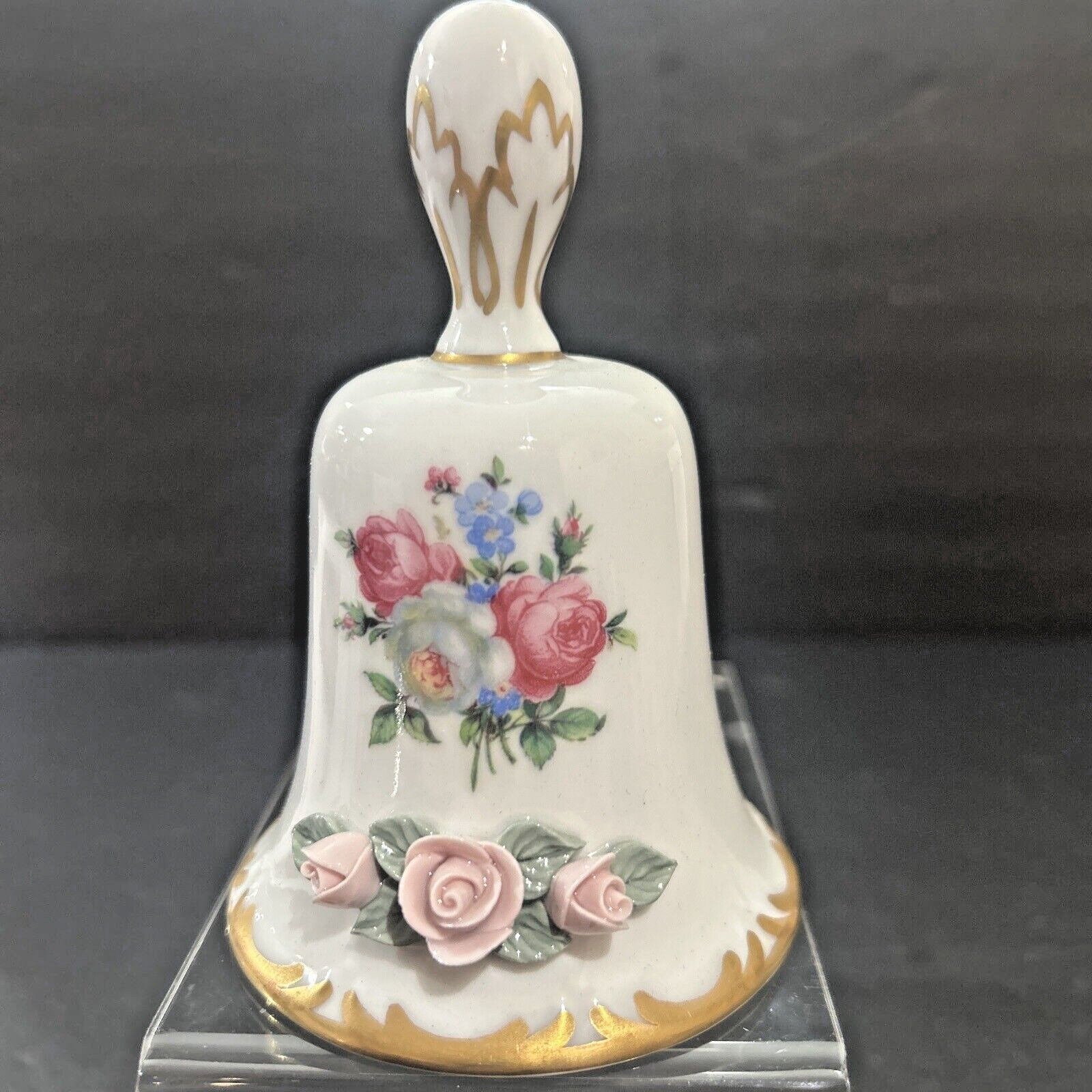 Gerold Porzellan Bavaria 5” Porcelain Bell Applied Pink Roses W Germany
