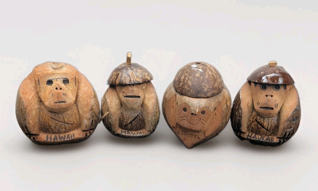 Vintage Carved Coconut Monkey Bank Lot of 4 Hawaii Souvenir Carnival Tiki Bar