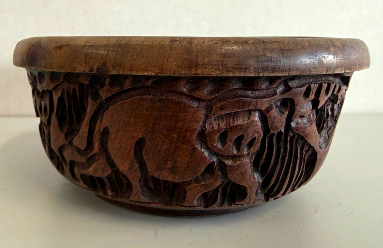 African Hand Carved Wood Rhino Bowl 5” Rhinoceros Safari Folk Art Decor