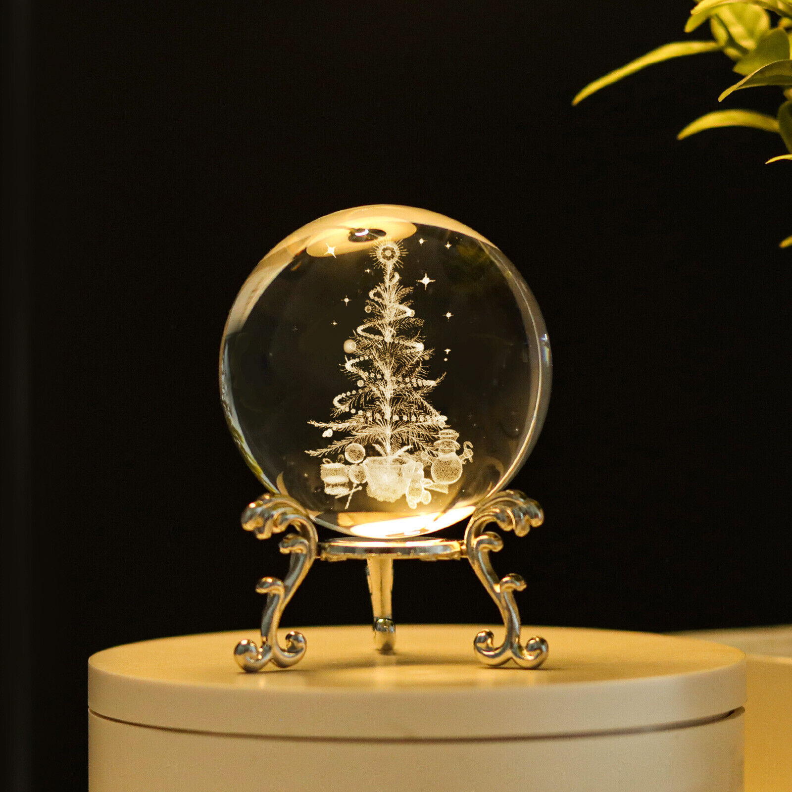 60MM 3D Inner Carving Christmas Tree Crystal Ball Glass Sphere Free Stand Gift