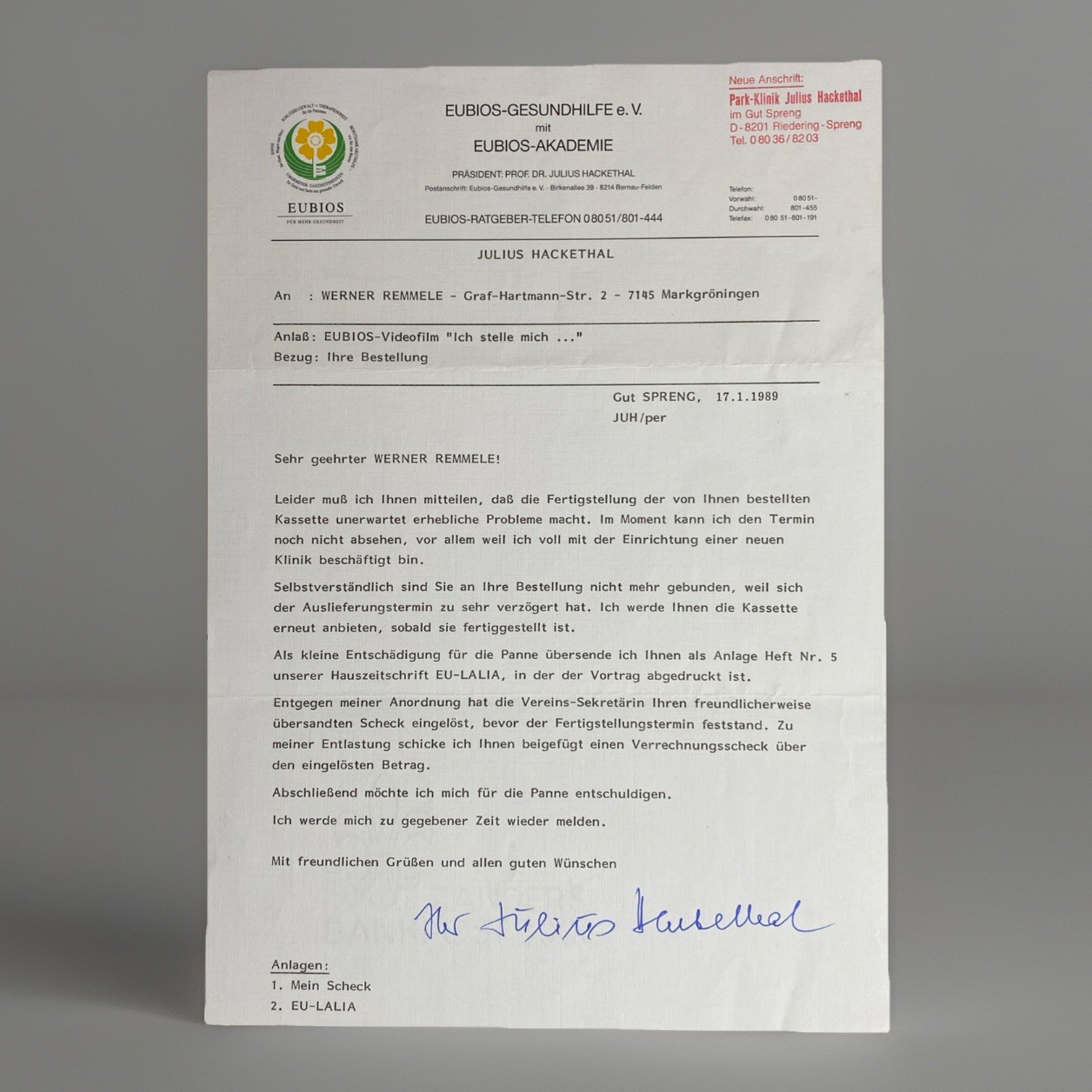 Prof Dr Julius Hackethal SIGNED Page - German Autograph