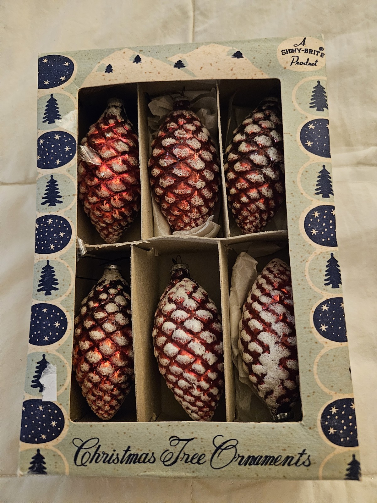 Vintage Shiny Brite Christmas Ornaments Glass Pinecones IOB 1940s #424 RARE