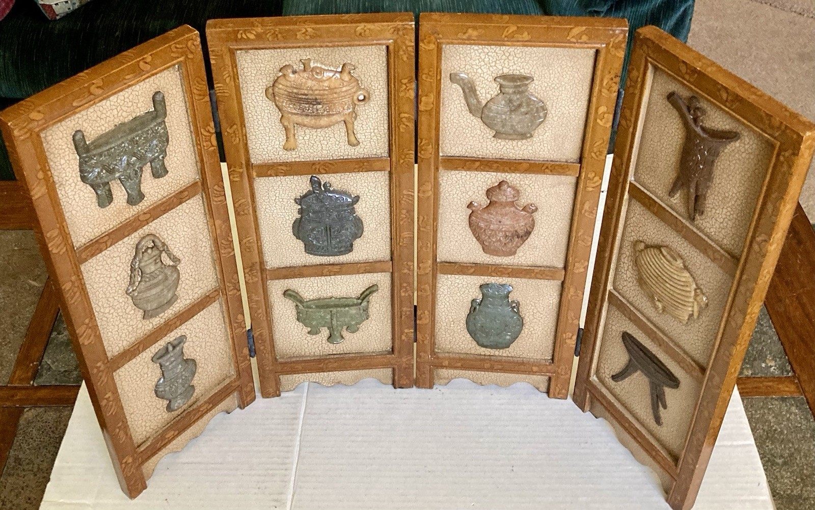 Asian Four Panel Wall Hanging 17” x 25” Tabletop Screen Carved Soapstone Symbols