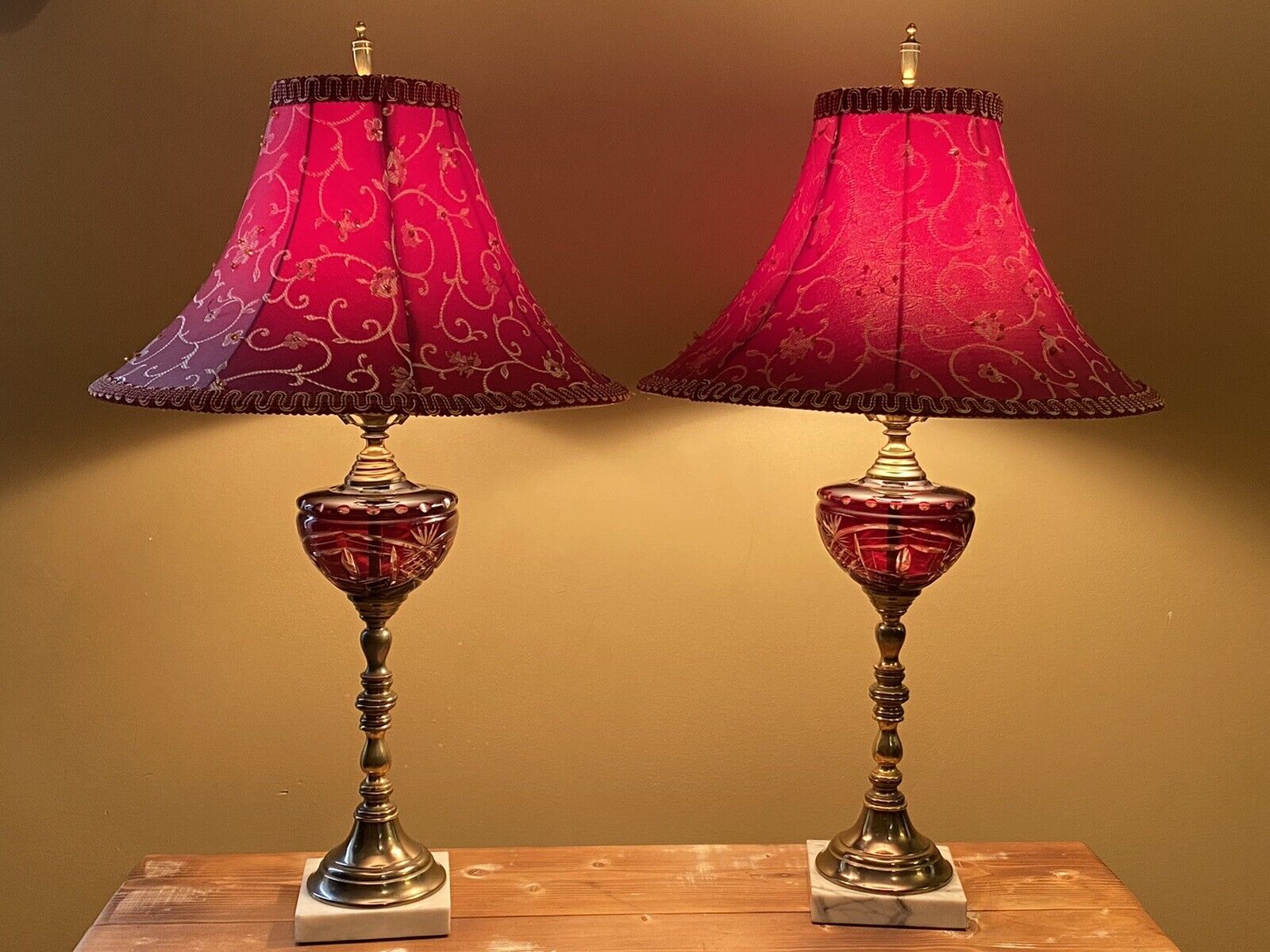 Vintage 2pc Bohemian Cranberry Red Glass cut to clear table lamps Marble Antique