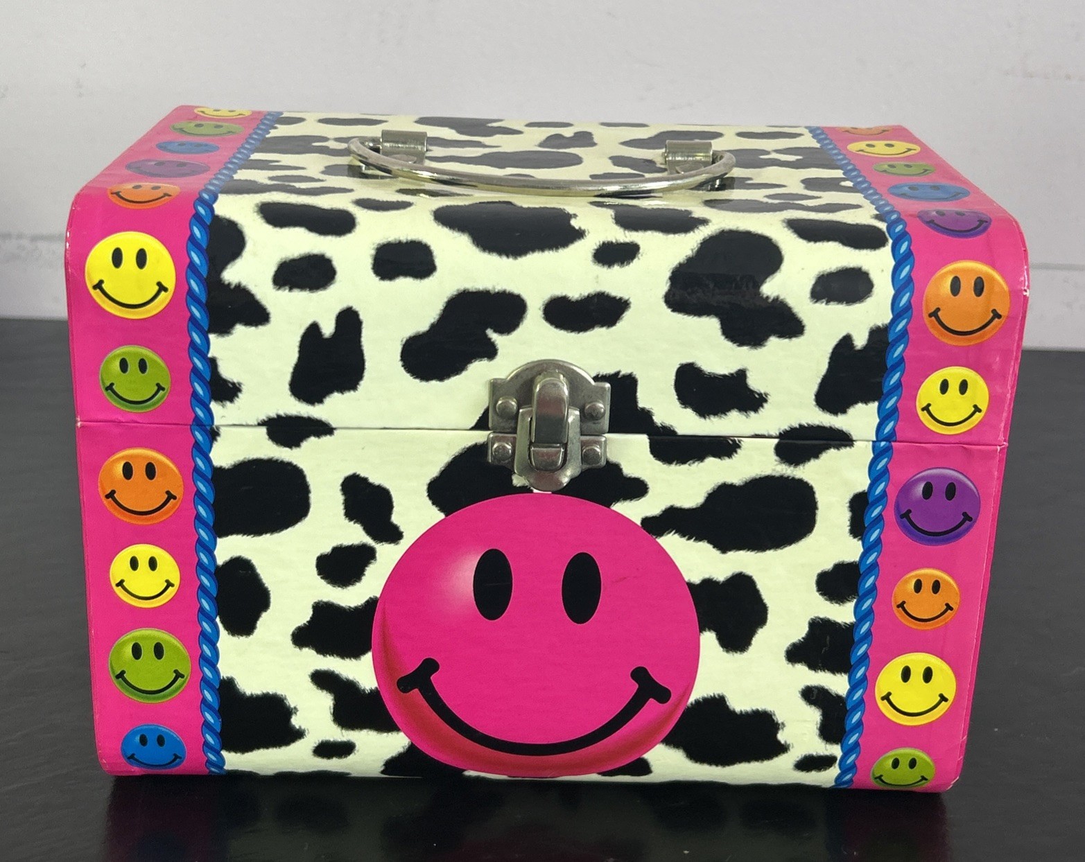 LISA FRANK COW PRINT SMILEY FACE TREASURE CHEST BOX & UNUSED CONTENTS Y2K 2000