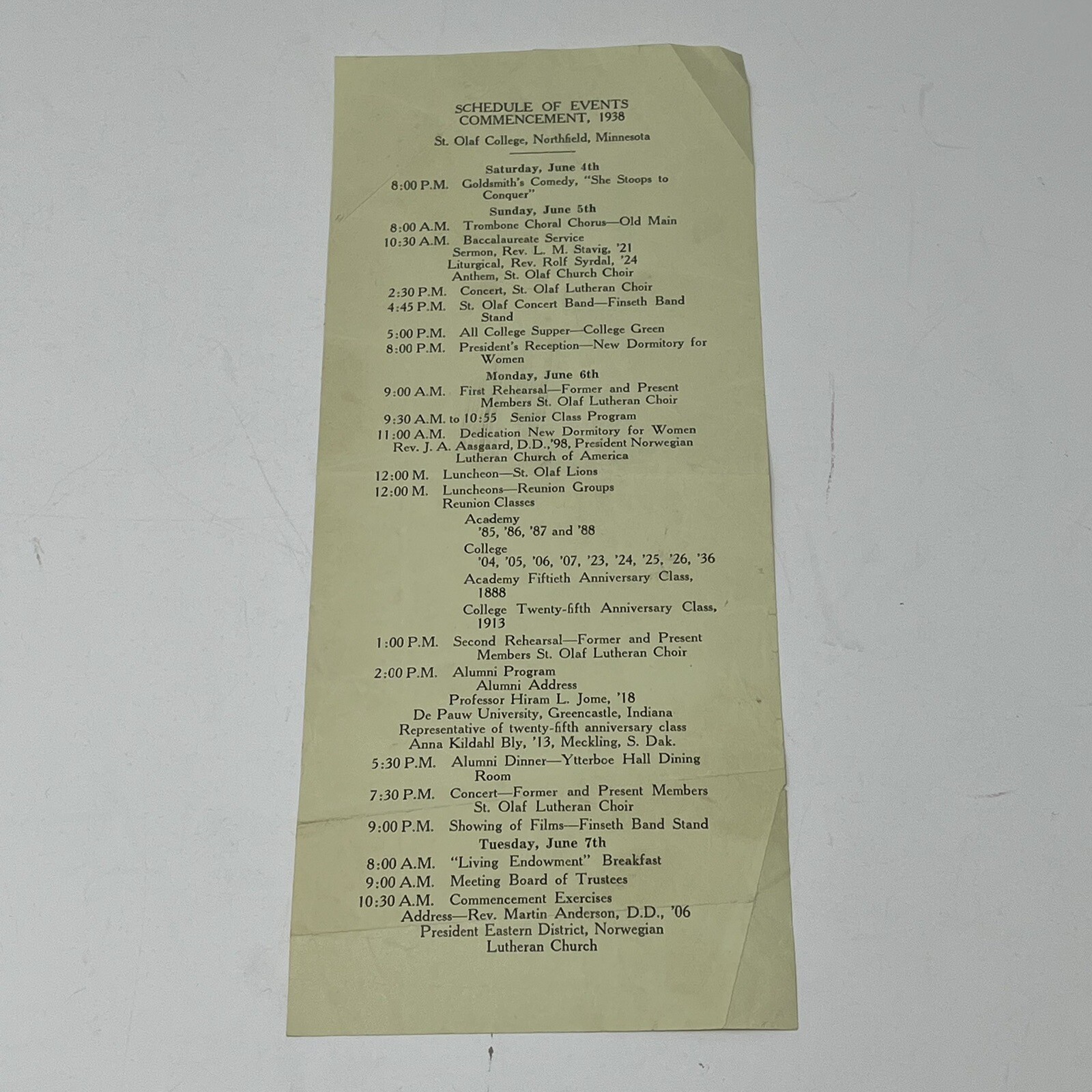 1938 St Olaf College Northfield MN Commencement Schedule Of Events Minnesota