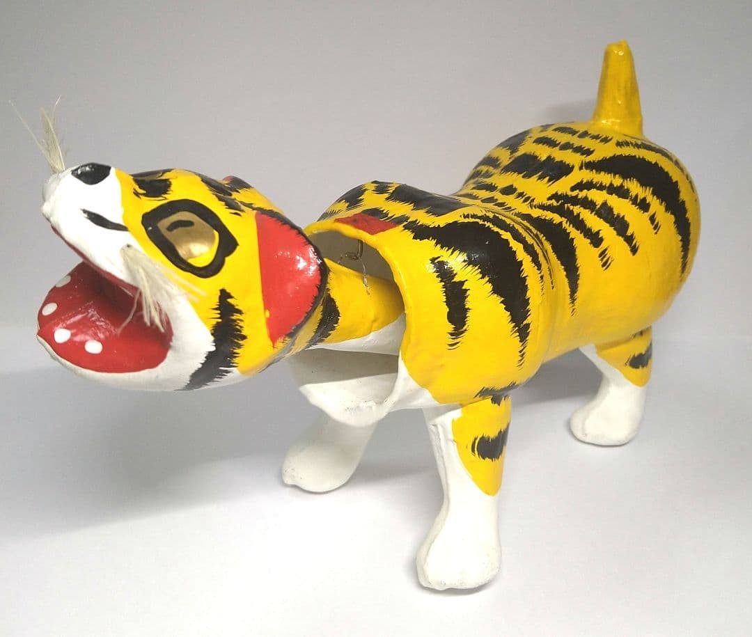 Japanese Hariko Tiger Papier Mache Folk Art Bobblehead 23cm Yellow Black