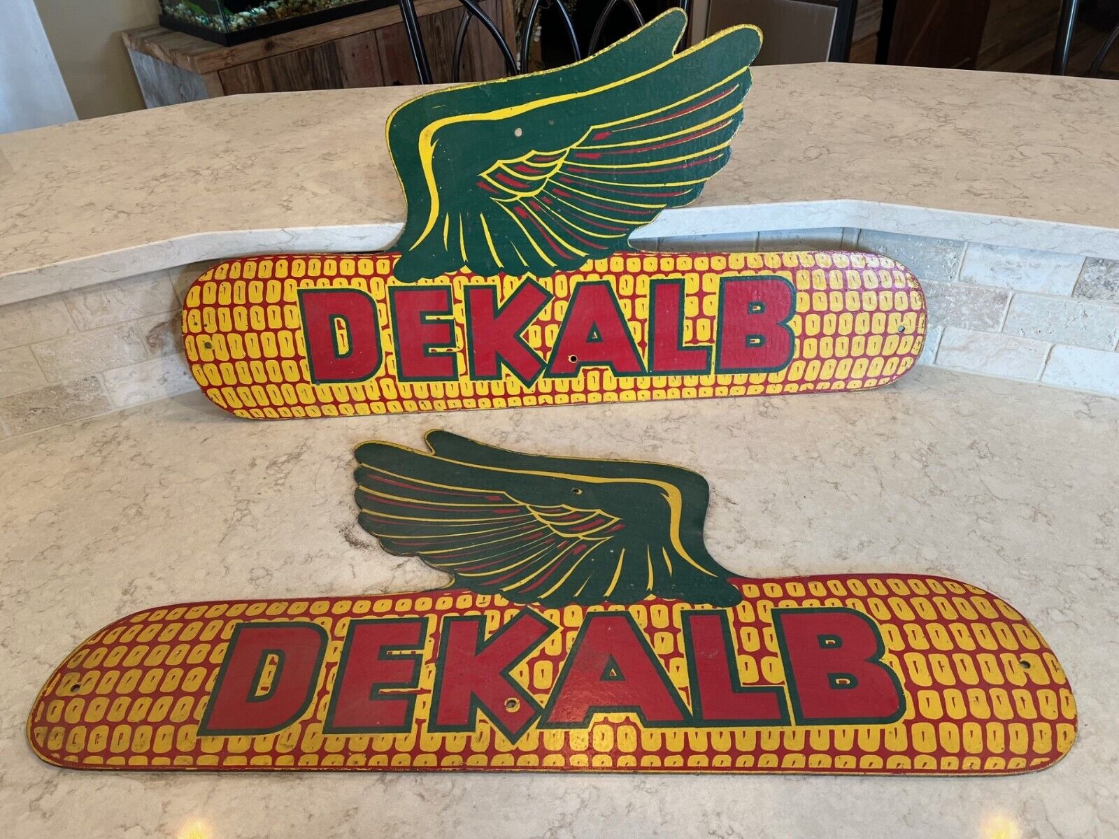 Vintage Original Masonite Dekalb Seed signs includes both right and left facing 